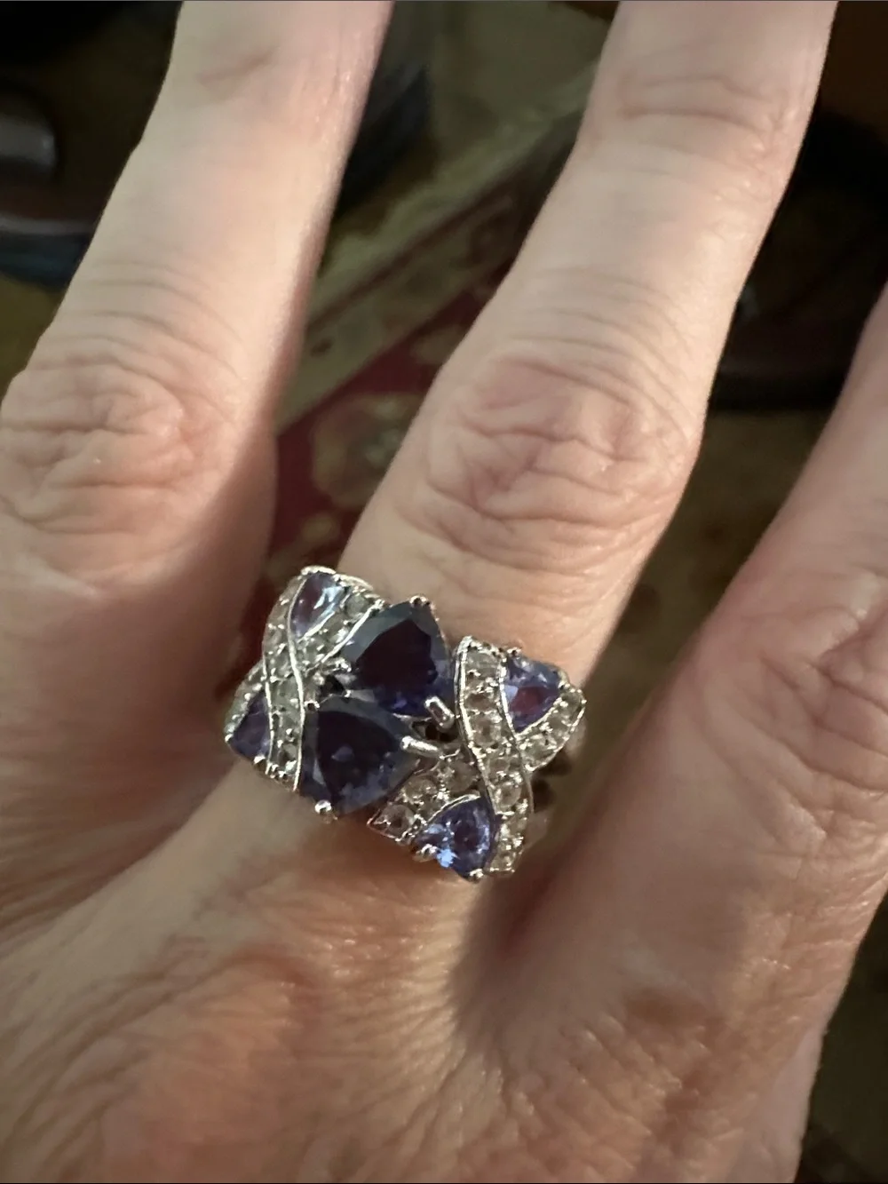 Silver Band Ring with Deep Blue-Purple Gemstones and Pavé Details